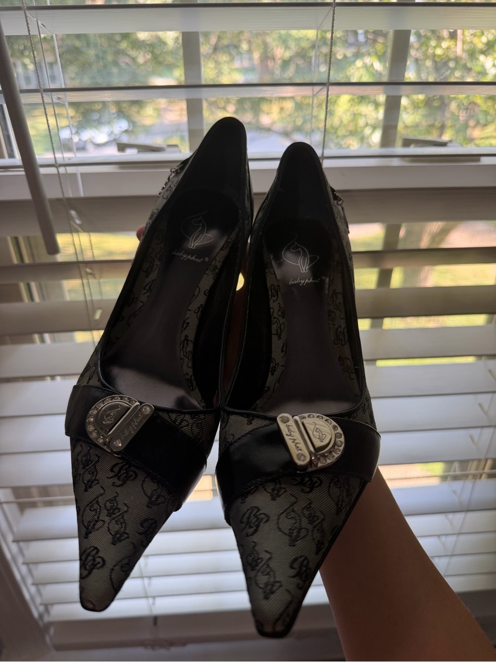 Baby Phat Black Logo Mesh Pointed Toe Heels with Silver Buckle